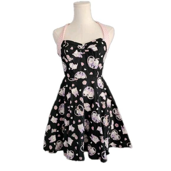 Hell Bunny Amelia Fit & Flare 50s Style Halter Mini Dress Heart Cats Print Small - Picture 4 of 8